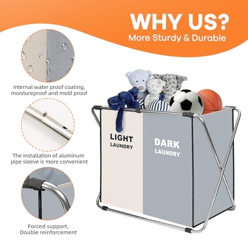 Laundry Cloth Hamper Sorter Basket Bin Foldable with 2 Sections White+gray