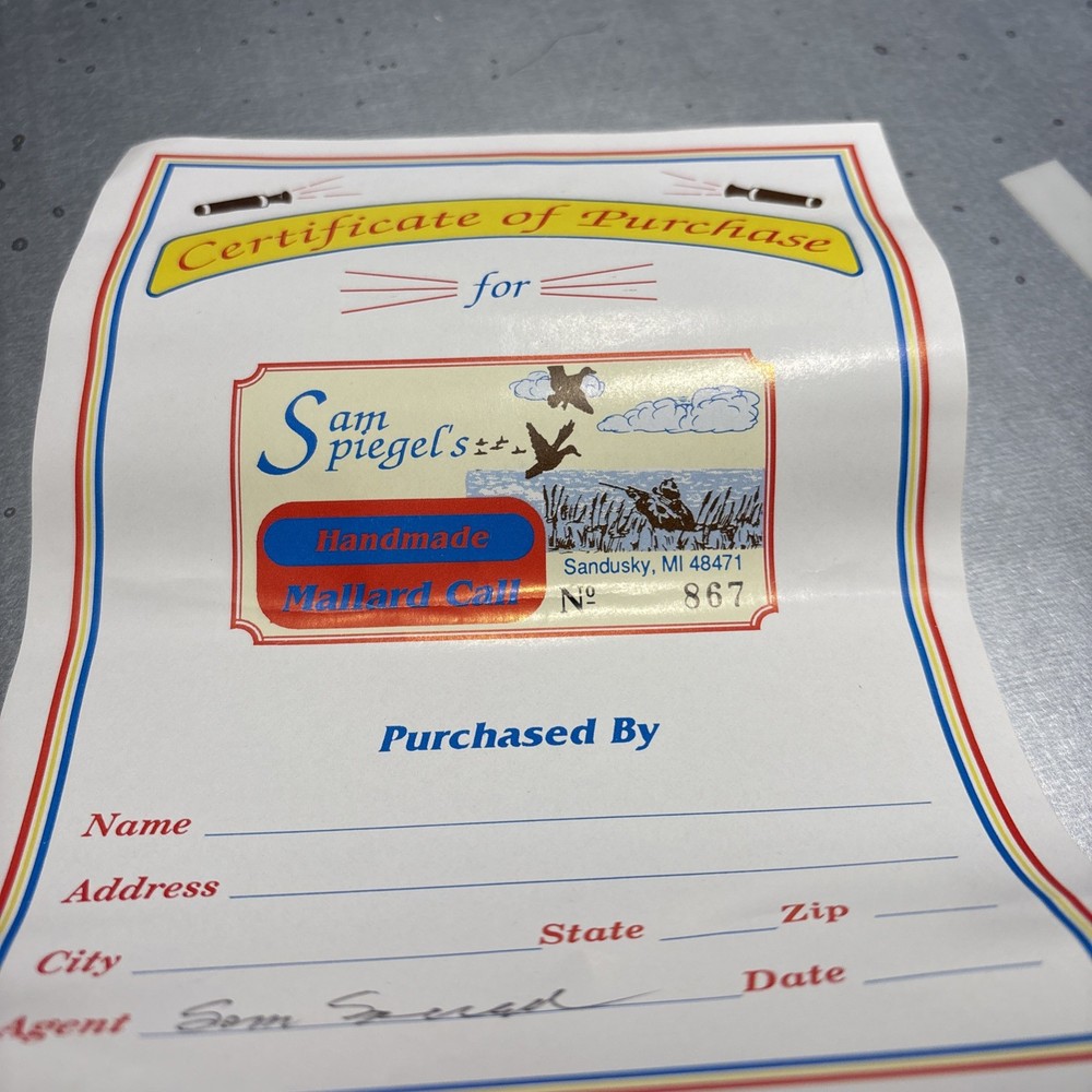 Sam Spiegel Handmade Duck Mallard Call Original Box Papers Numbered signed dated