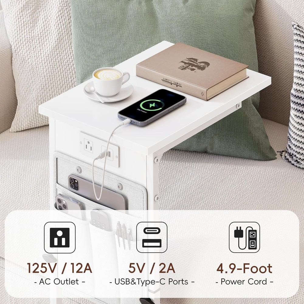 End Table W/ Charging Station Adjustable Height Side Table Couch Small C Shaped