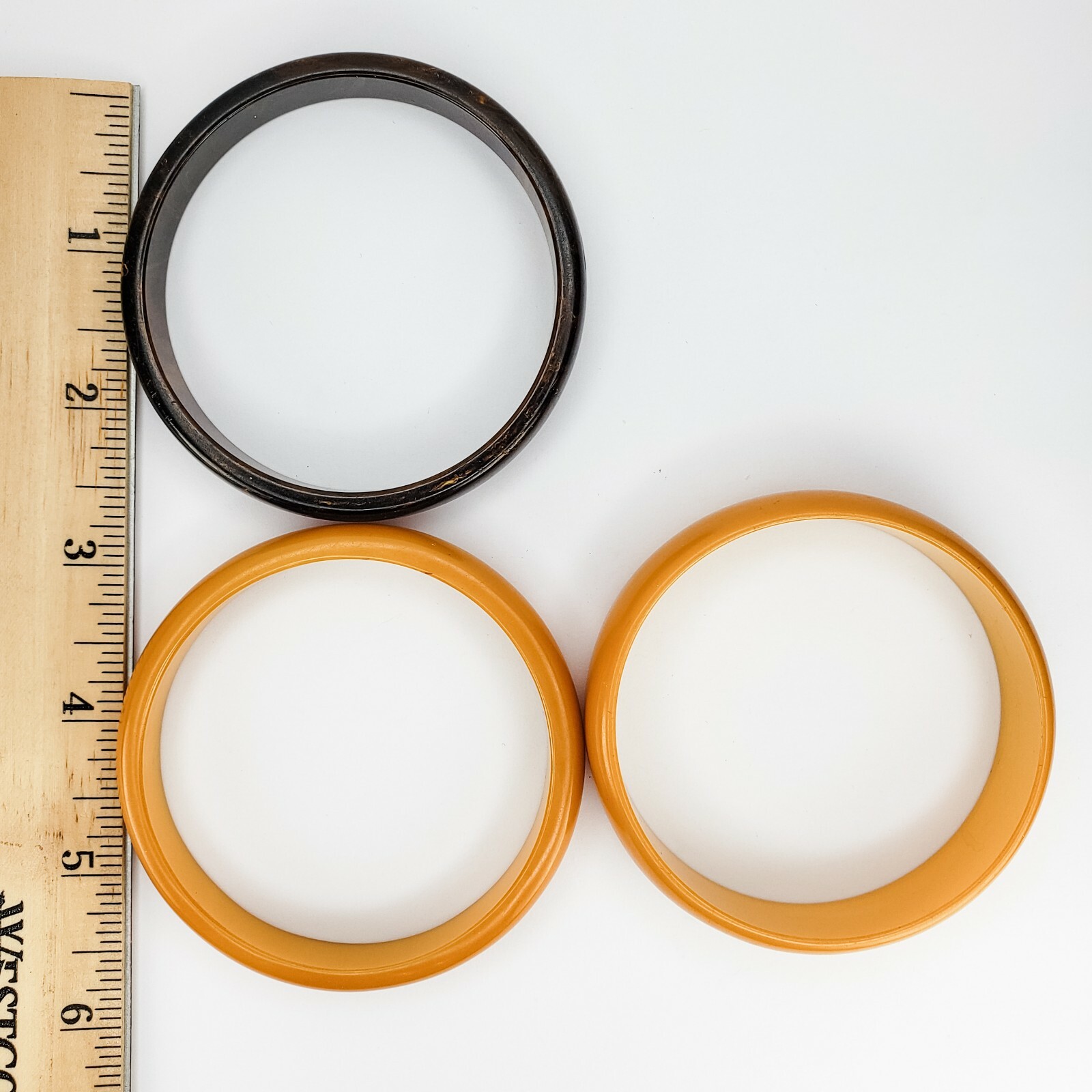 Set of 3 Two Butterscotch Yellow and One Brown Swirled Bakelite Bangle Bracelets