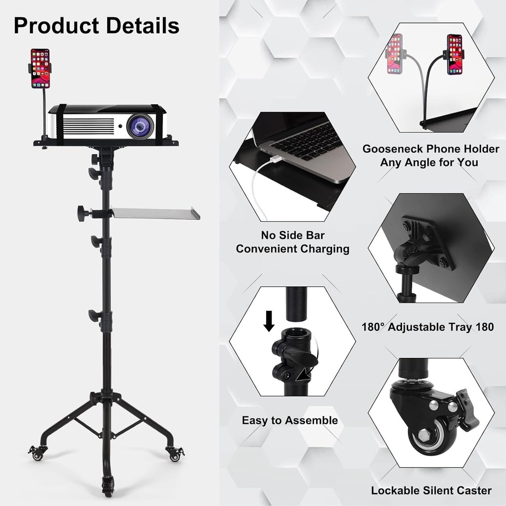 Portable Laptop Stand with Rolling Wheels, Adjustable Height