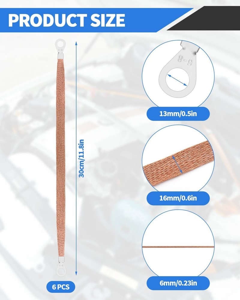 12in Copper Ground Strap 6 PCS Braided Engine Wire