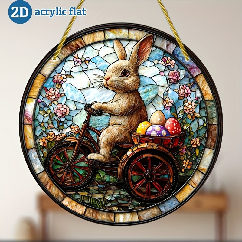 Spring Bunny Tricycle Acrylic Suncatcher Easter Window Hanging Decor Ornament