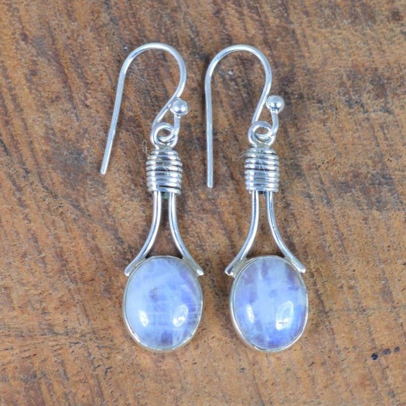 Natural Moonstone Oval Shaped 925 Sterling Silver Handmade Dangle Earrings