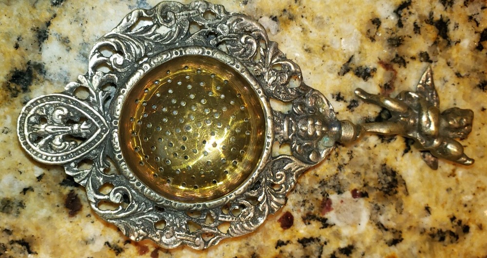Ornate Antique Tea Strainer - Etched - Unknown Origin - see pics Cherub handle