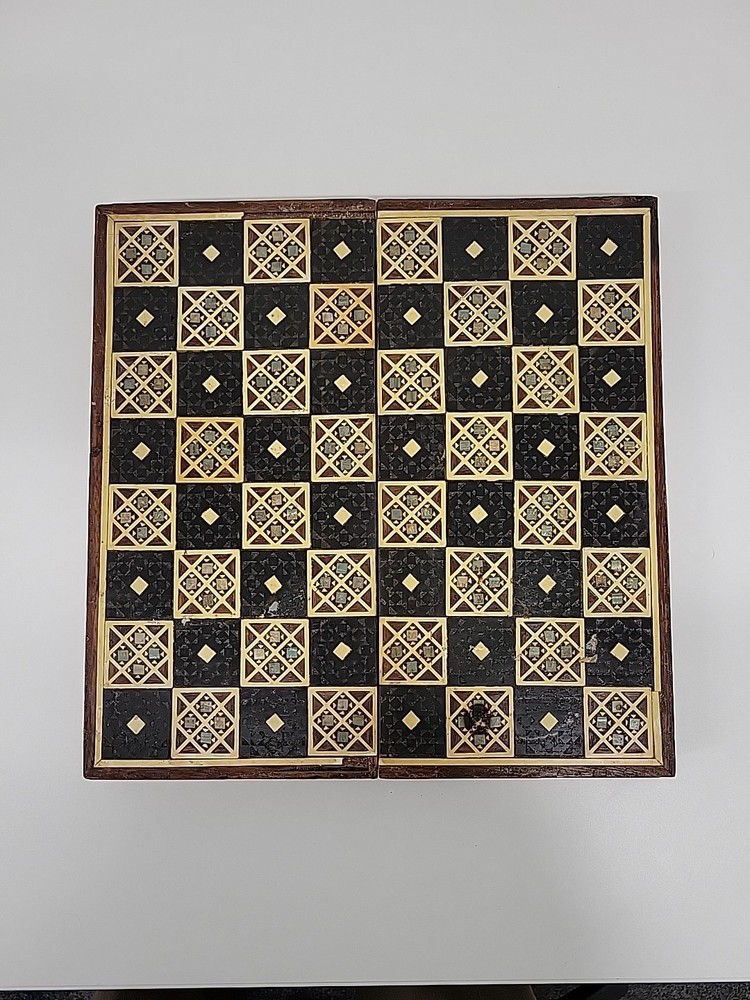 Inlaid Handcarved Bone Chess Set With Board Missing Knight Replaced With Bone