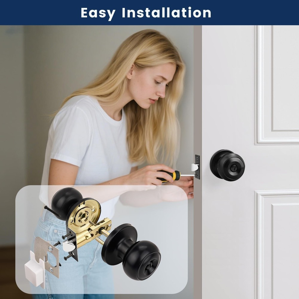 Orger 10 Pack Matte Black Privacy Door Knobs Interior, Classic Round Shape Be...