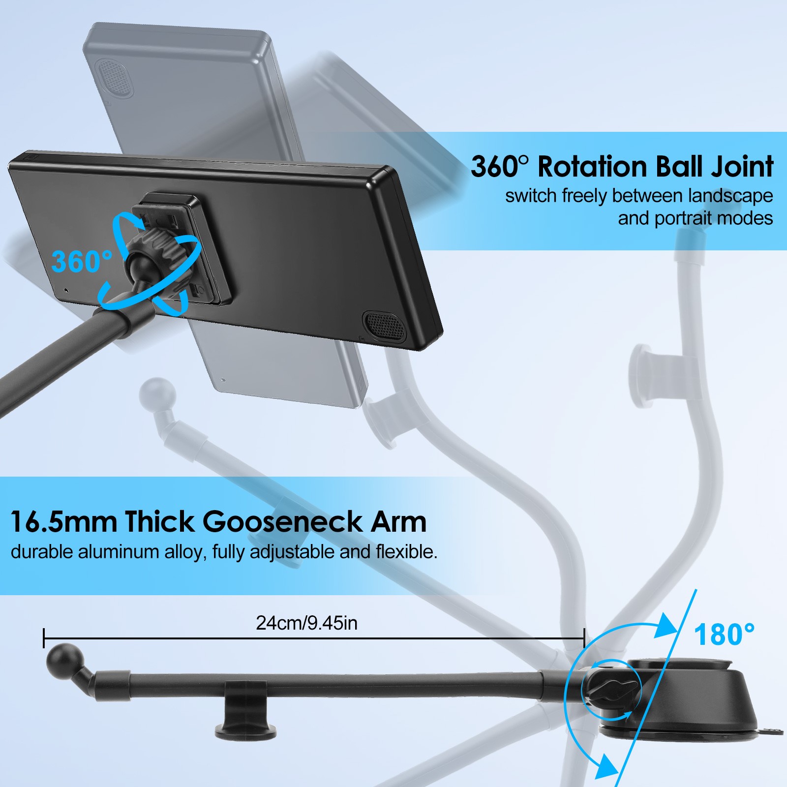 CarPlay Screen Mount Suction Cup Holder for 7–10.26"Car Monitors w/Gooseneck Arm