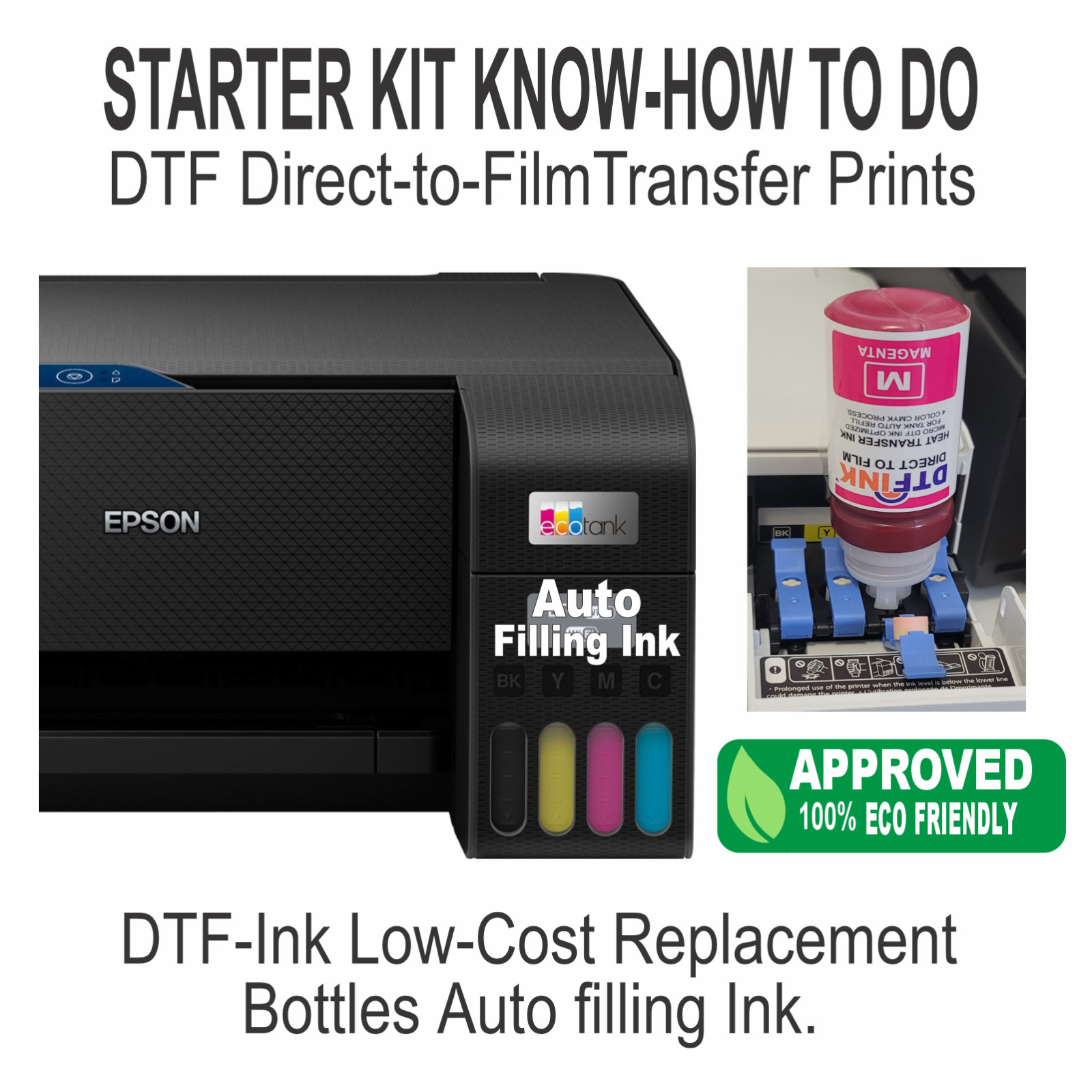 Epson Printer with DTF Ink Heat Transfer Full Color T-Shirt Print Starte Bundle