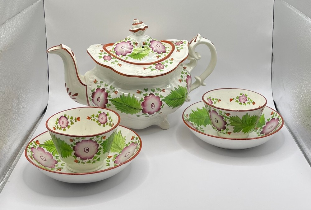 Antique: Soft Paste Teapot & 2 Cups & Handless Saucers-Primrose Pattern