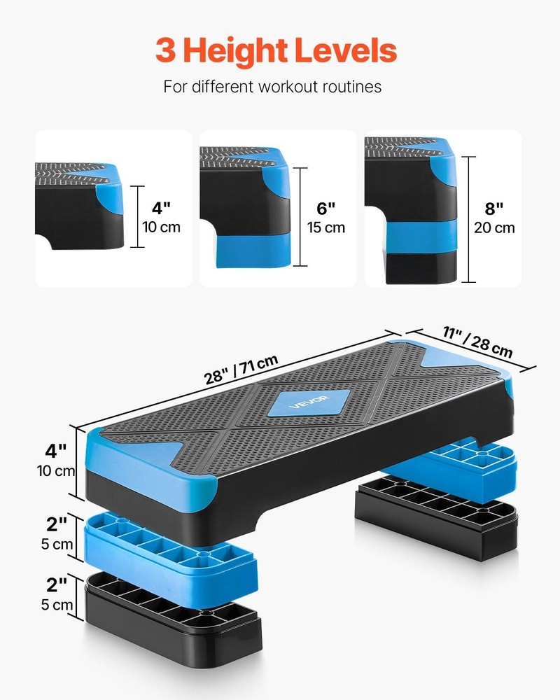 Robust Workout Step Platform 28in Triple Height 4 Support Risers Blue