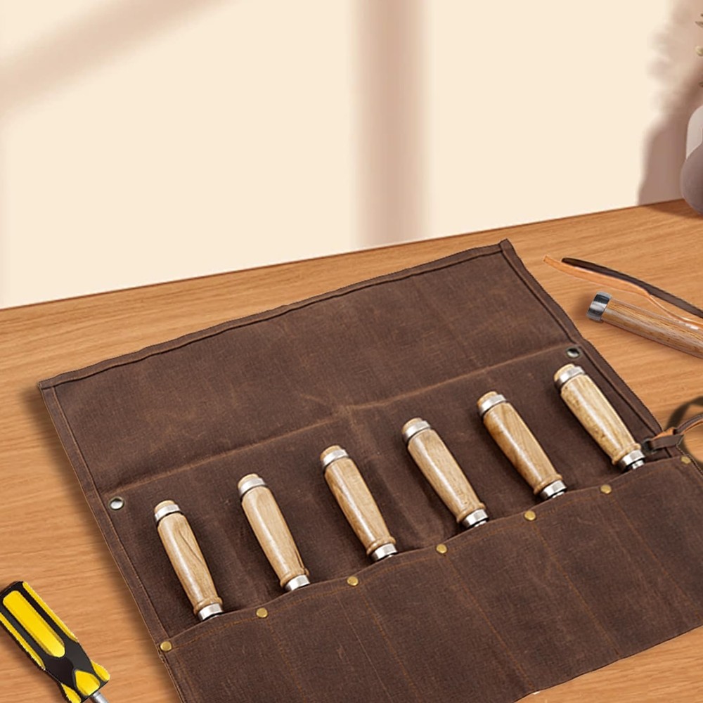 Chisel Roll,6 Pockets Roll Up Tool Pouch,Waxed Canvas Small brown