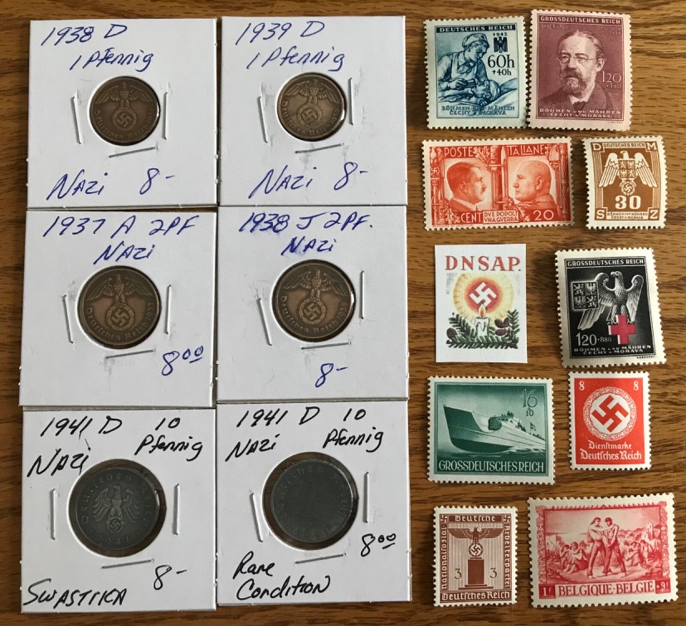 Third Reich Coins and 9 Stamps