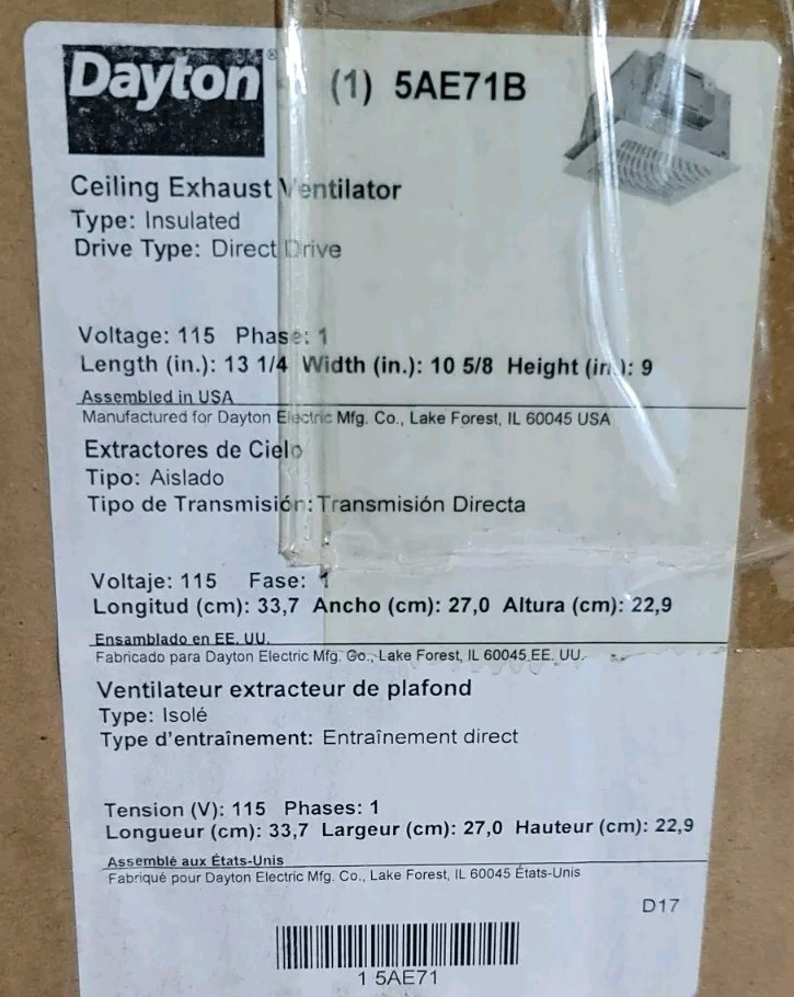 Dayton 5AE71B Ceiling And Inline Ventilator