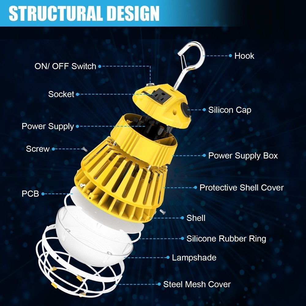 LED Linkable Temporary Work Light 100W/80W/60W 5000K 100-277V AC US plug Yellow