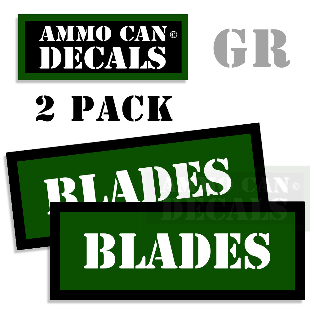 BLADES Ammo Can 2x GREEN Labels Ammunition Case 3"x1.15" sticker decals 2 pack