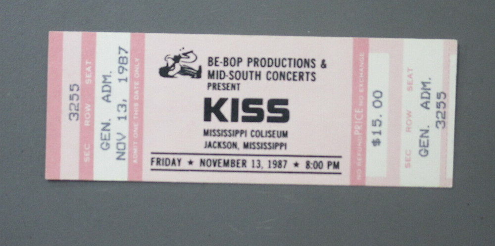 KISS unused concert ticket Be-Bop Productions Jackson, MS Nov 13, 1987 !
