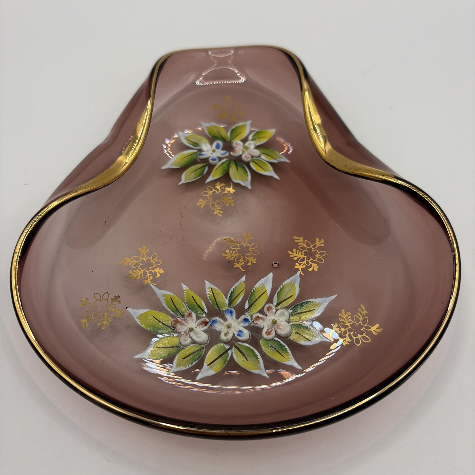 Vtg Bohemian Amethyst Glass Enamel Flower Dish Gilded Edge 6”x 1” Painted