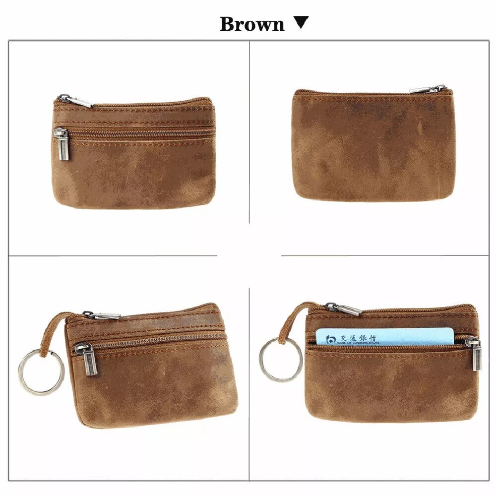 Brown Genuine Leather Small Coin Holder Change Purse Zipper Key Card Wallet