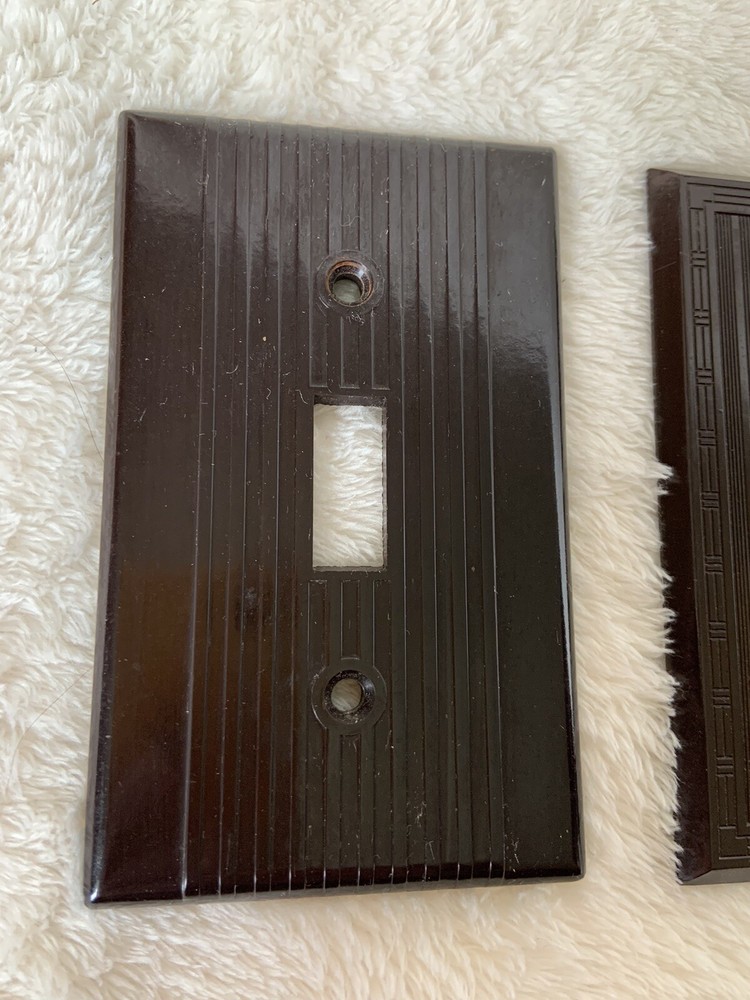 Vtg Bakelite Switch plates Brown Ribbed Pattern Art Deco Lot If 2