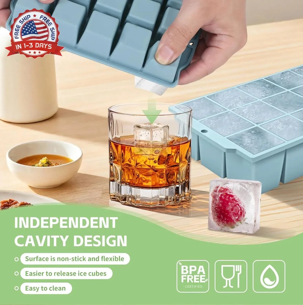Silicone Ice Cube Tray with Locks Lids 4 Pack, Easy Release Flexible 15 Square I