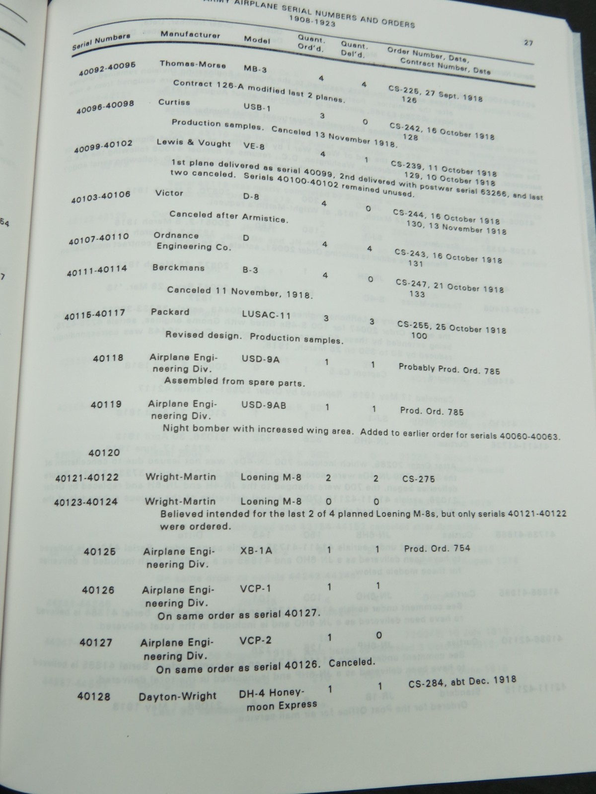 Rare Book: U.S Army Aviation Aircraft & Engine Serial Numbers & Orders 1908-1923