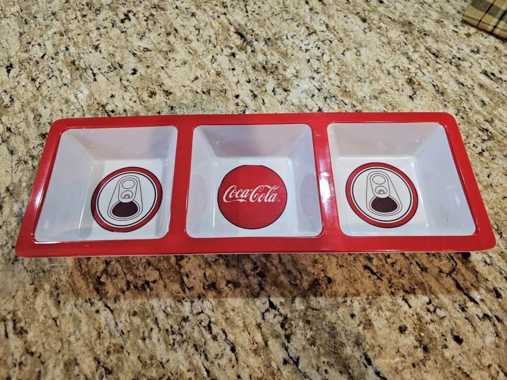 Coca Cola 3 Square Section Melamine Serving Tray - Can tops Red & White