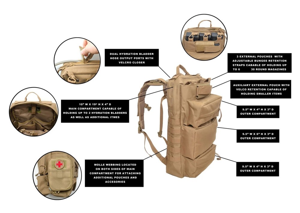 Tactical Backpack Range Bag, Magazine Holder, Hydration Bladder Outlet, Molle
