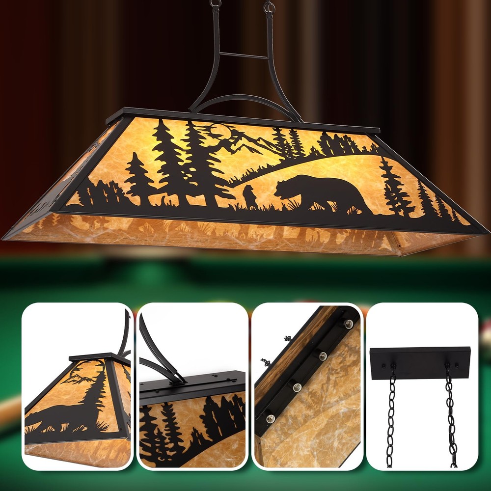 47.2" Pool Table Light, 4-Light Rustic Bear Chandelier for 7-8-9ft Table, Far...