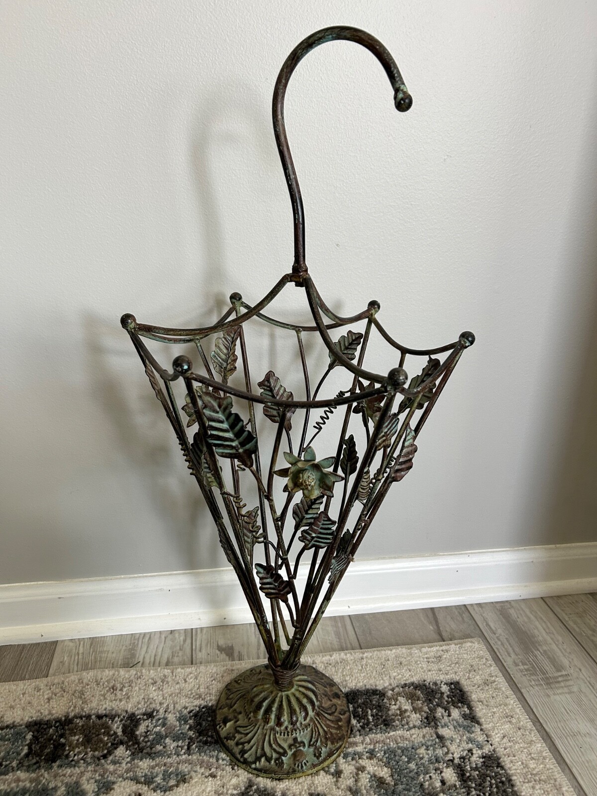 Vintage Wrought Iron Floral & Leaf Green Patina Umbrella Stand app 28” x 12”