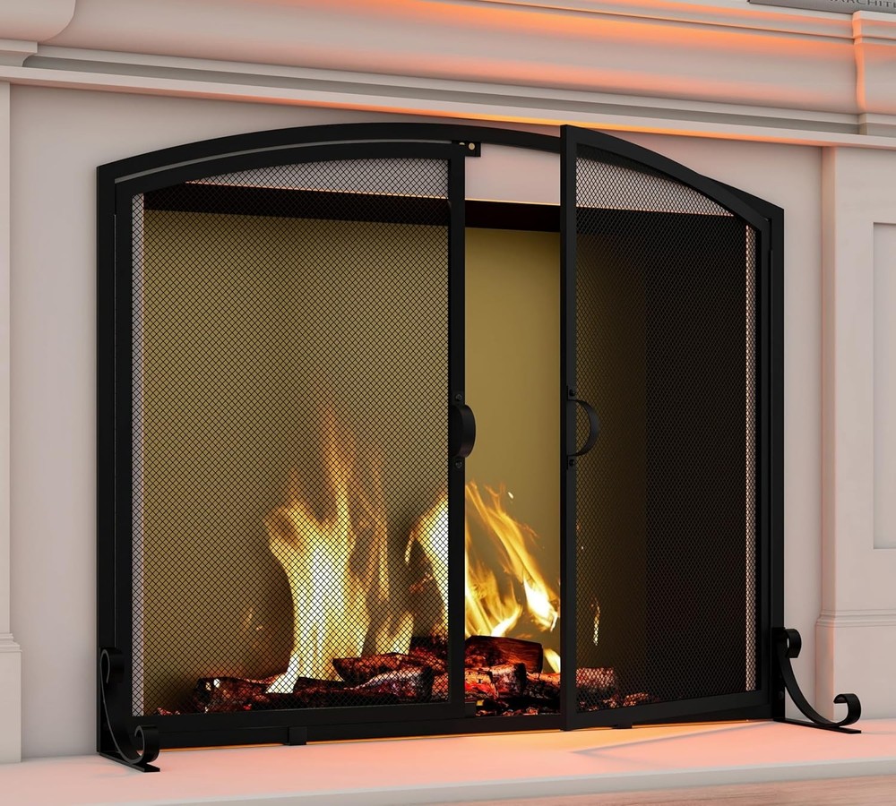2-Pannel Fireplace Screen W/ Doors Handcrafted Solid Mesh,Stable Adjustable Fit