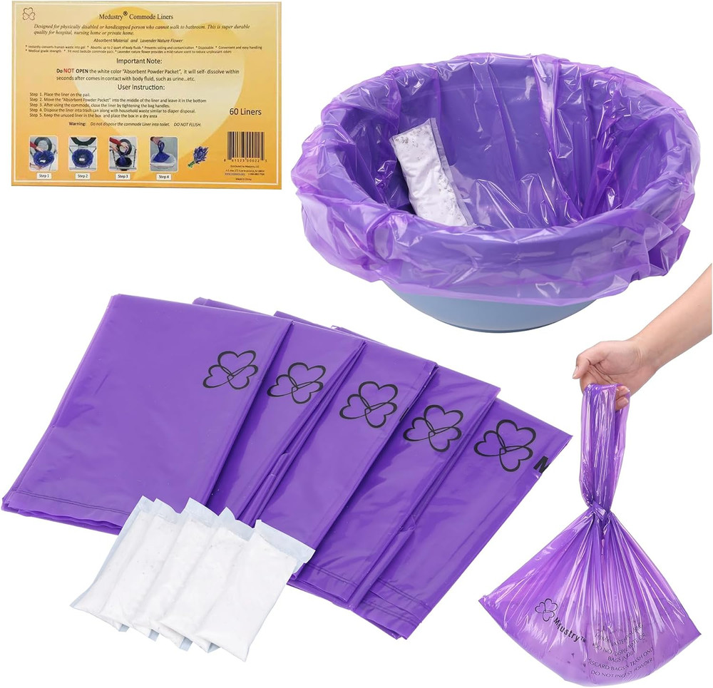 Commode Liners with Super Absorbent Pads - 60 Pack Disposable Bedside Commode Ba