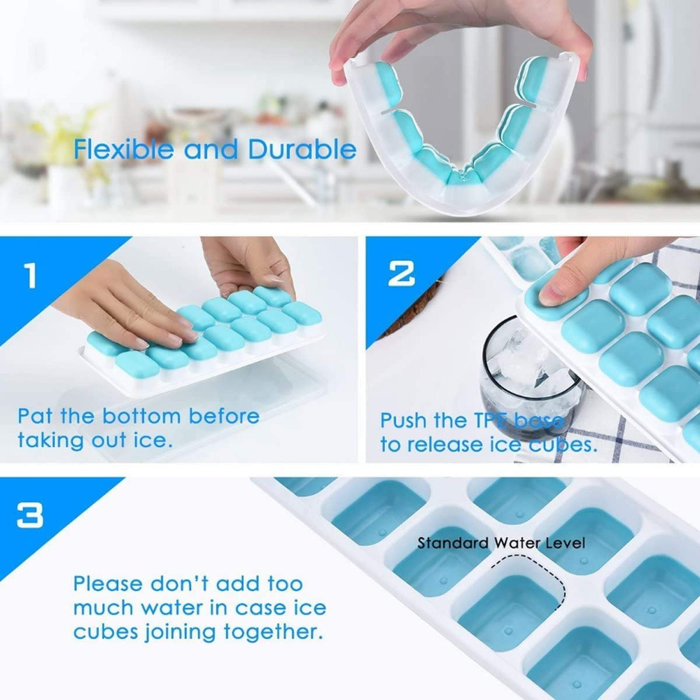 Ice Cube Trays Silicone 2 Pack & Lid Easy Release Stackable BPA Free Durable