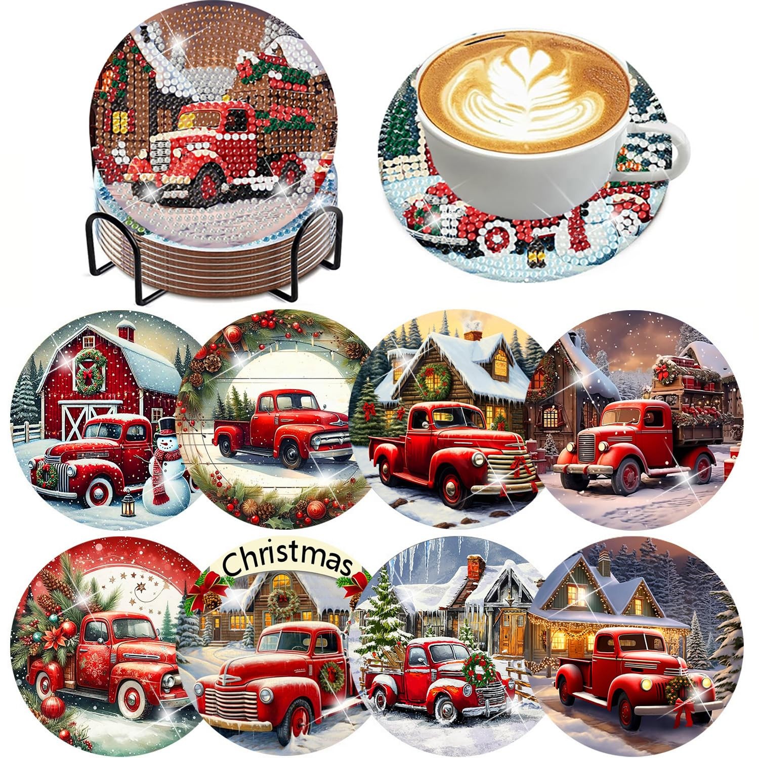 ijbnhd 8 PCS Christmas Diamond Art Coasters Kit, 4X4X0.1, Truck