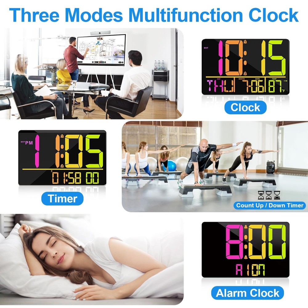 13" Bluetooth Auto Sync Wall Clock- Large Digital Alarm Clock with Remote, RG...