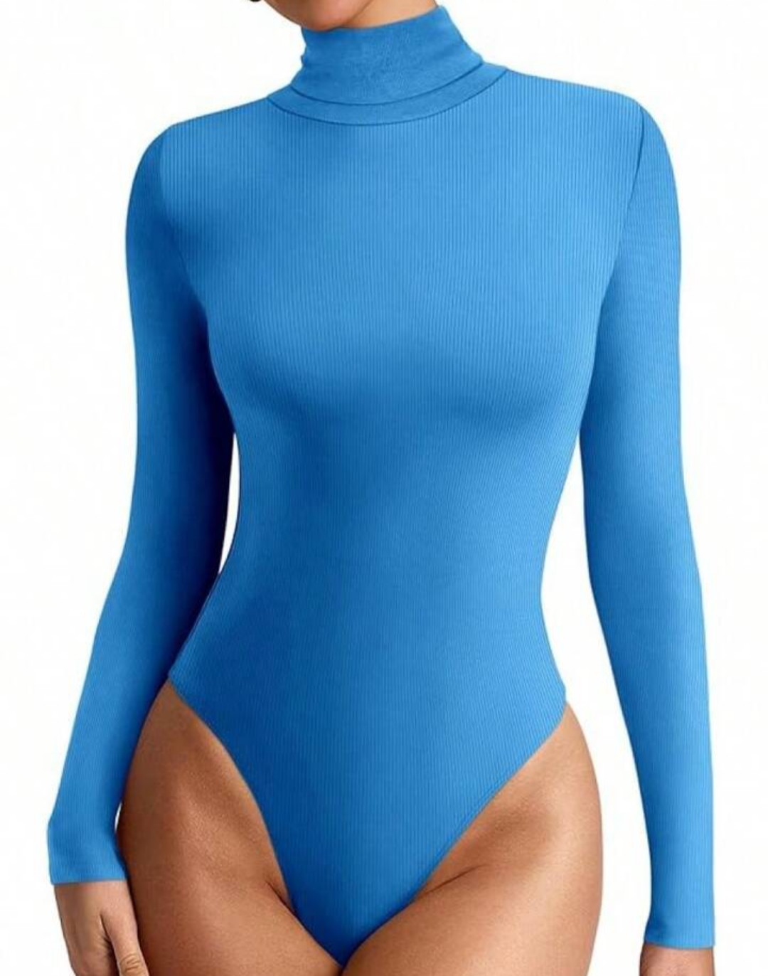 Reoria Women's 2X Blue Turtleneck Long Sleeve Bodysuit Ribbed Thong Leotard Top