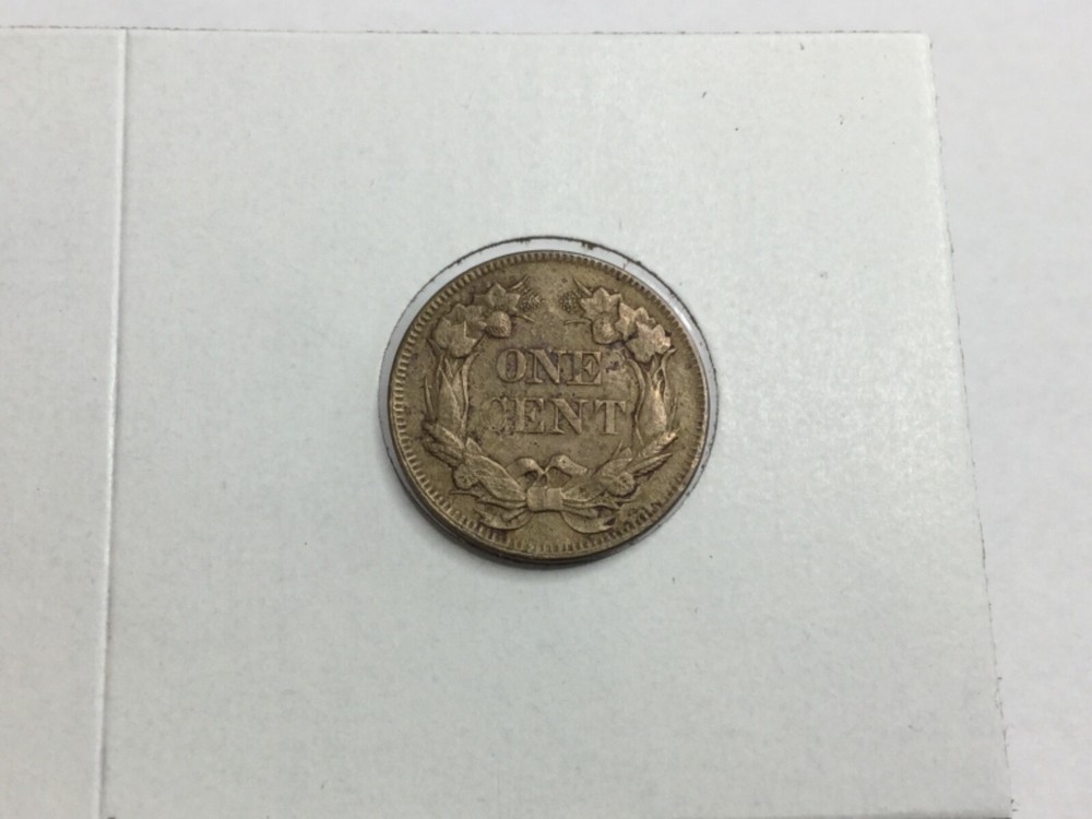 1857 Flying Eagle Cent double date shifted in almost uncirculated