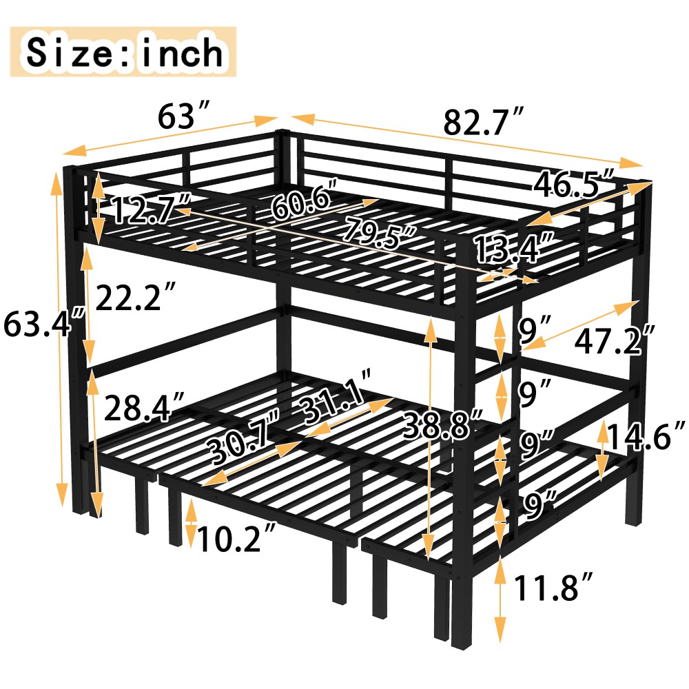 Queen over Queen Size Bed pull-out Metal Bunk Bed,lower bunk can be pulled out