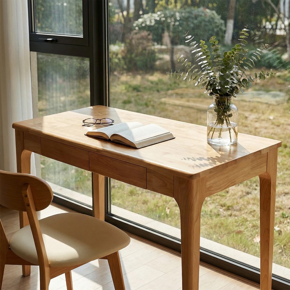 Modern Solid Wood Writing Desk with 2 Drawers, Compact Office Desk