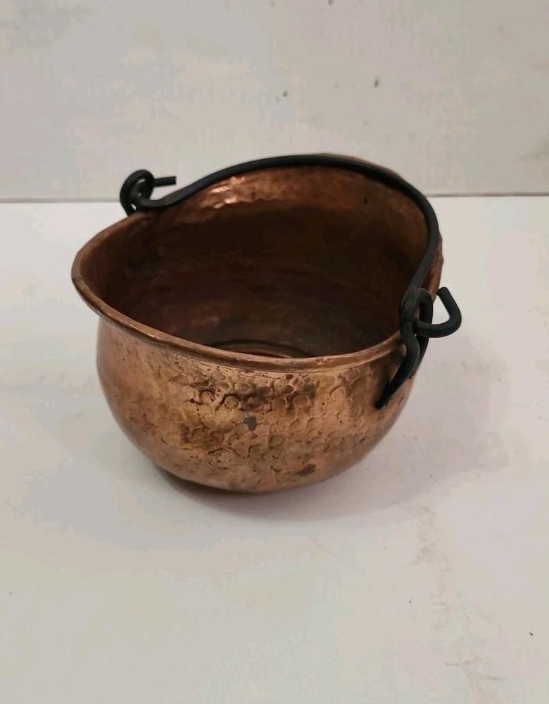 Hammered Copper Pot Hanging Cauldron Rustic Primitive Decor Black Iron Handle