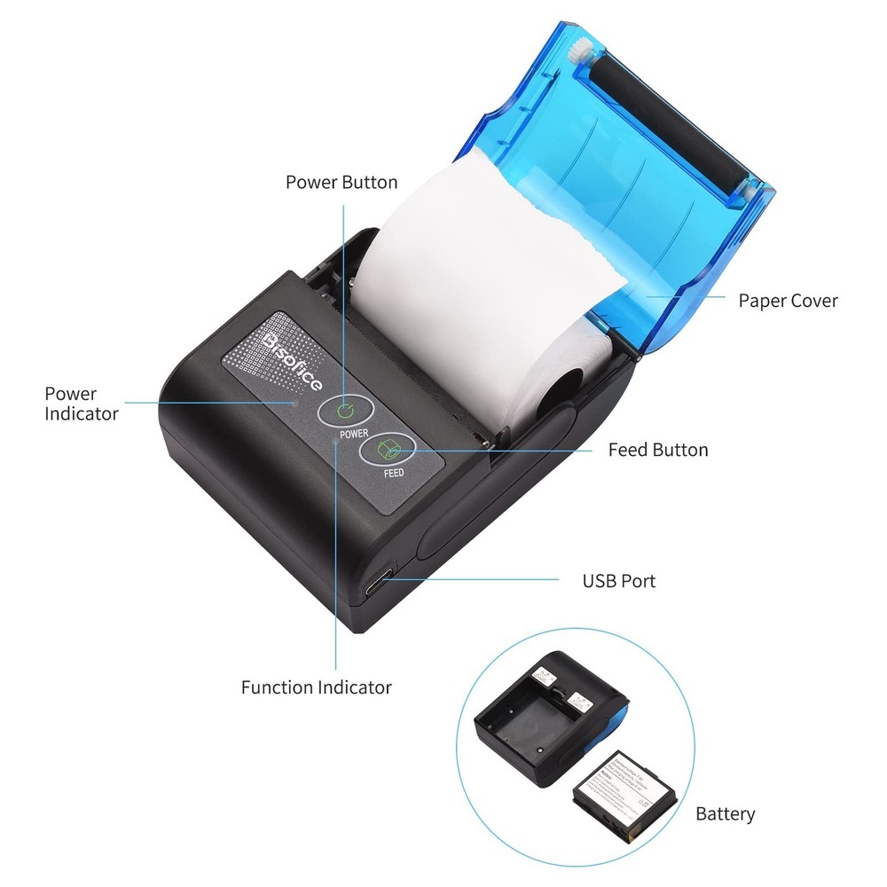 Receipt Printer, Portable Mini Thermal Receipt Printer 2 inch Wireless BT USB...