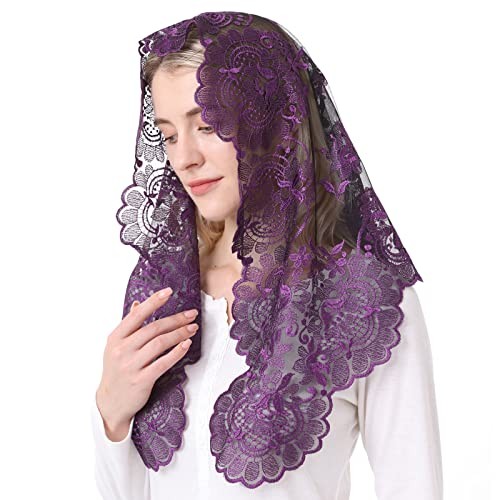 Church Veil for Women - Catholic Latin Mass Veil with Lace Purple&black