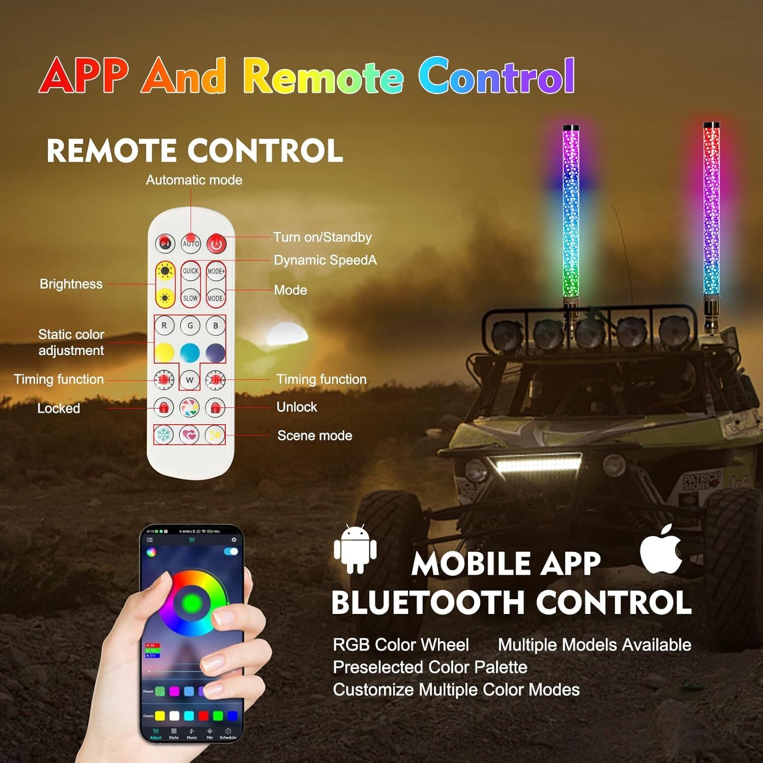 2PCS 2FT Spiral LED Fat Whip Light Antenna RGB Chasing For Can-am X3 RZR UTV ATV