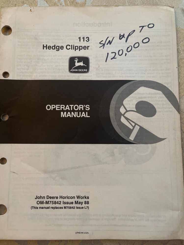 John Deere 113 Hedge Clipper Operators Manual