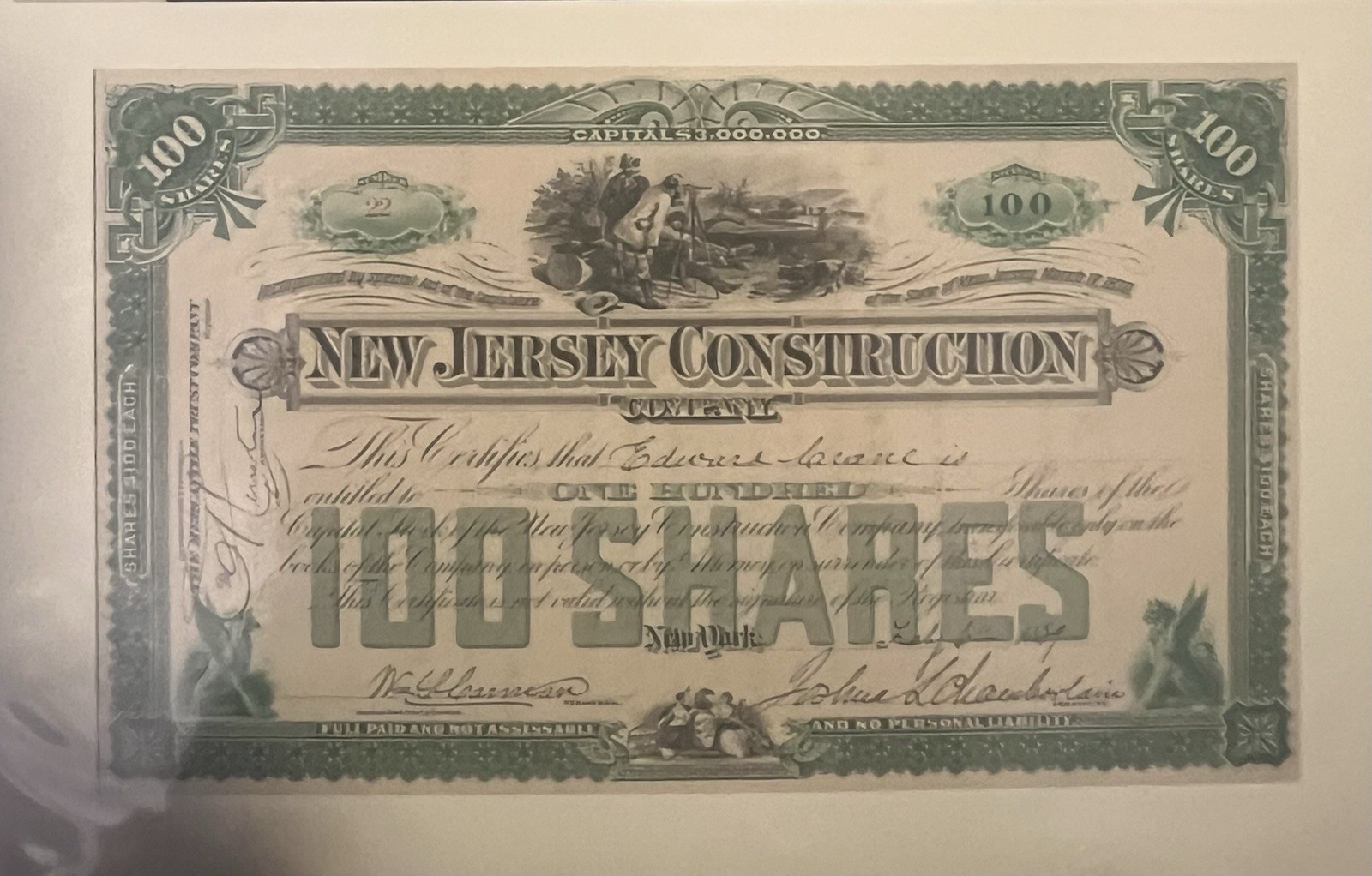 Joshua Lawrence Chamberlain (1828-1914) New Jersey Construction Co Share Cert