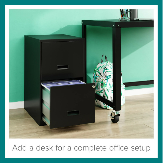 18" Deep 2 Drawer Letter Width Vertical File Cabinet, Secure Locking, Black