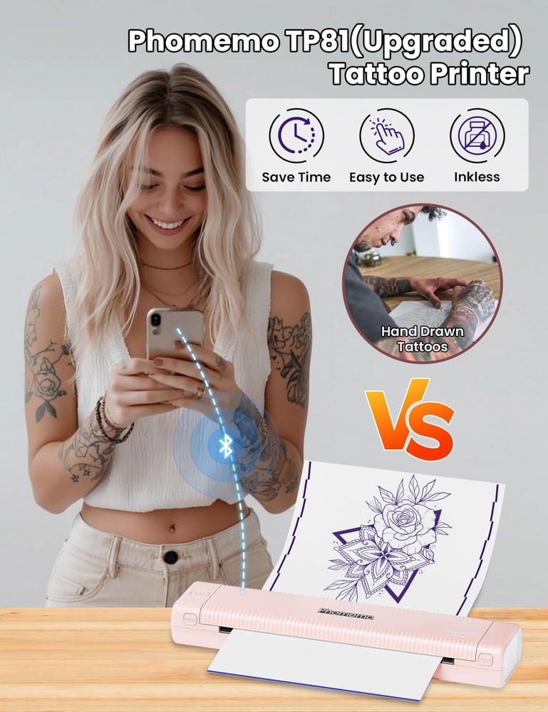 Phomemo TP81 Ultra Wireless Tattoo Stencil Printer with 10pcs Transfer Paper US