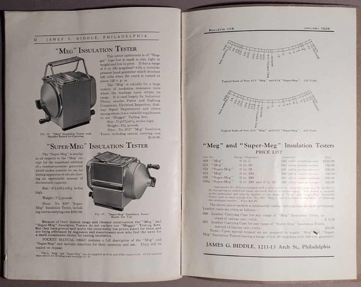 1925 Megger & Bridge Megger Insulation Testing Sets Catalog James Biddle B1-54