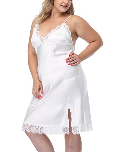 Women's Plus Size Satin Slip Nightgown Lace Chemise Lingeries Sexy 2X White