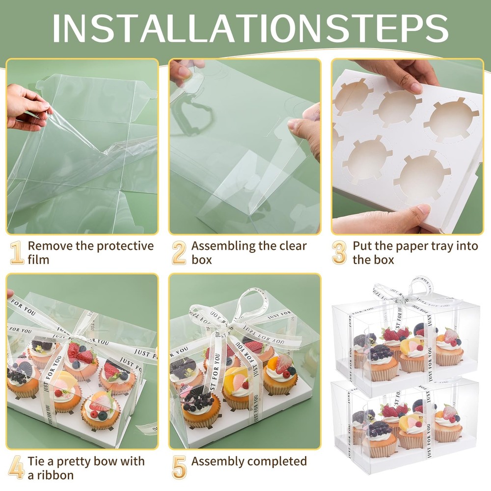 5 PCS Clear Cupcake Boxes With Ribbon 6 Count Plastic Tray Container White